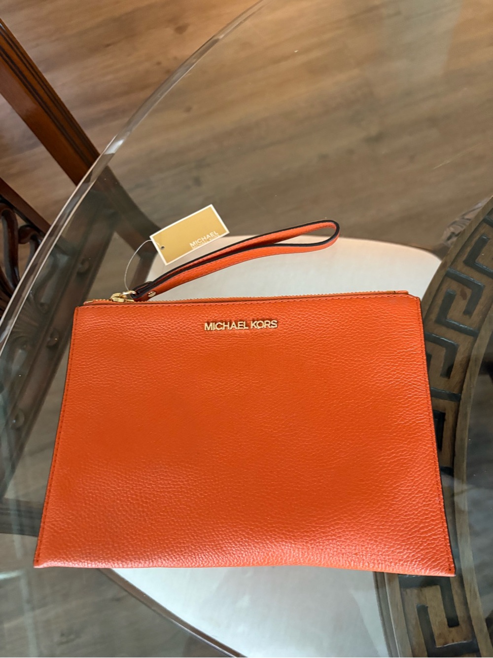 🧡🧡MICHAEL KORS JET SET XL ZIP CLUTCH LEATHER TANGERINE WRISTLET!🧡🧡